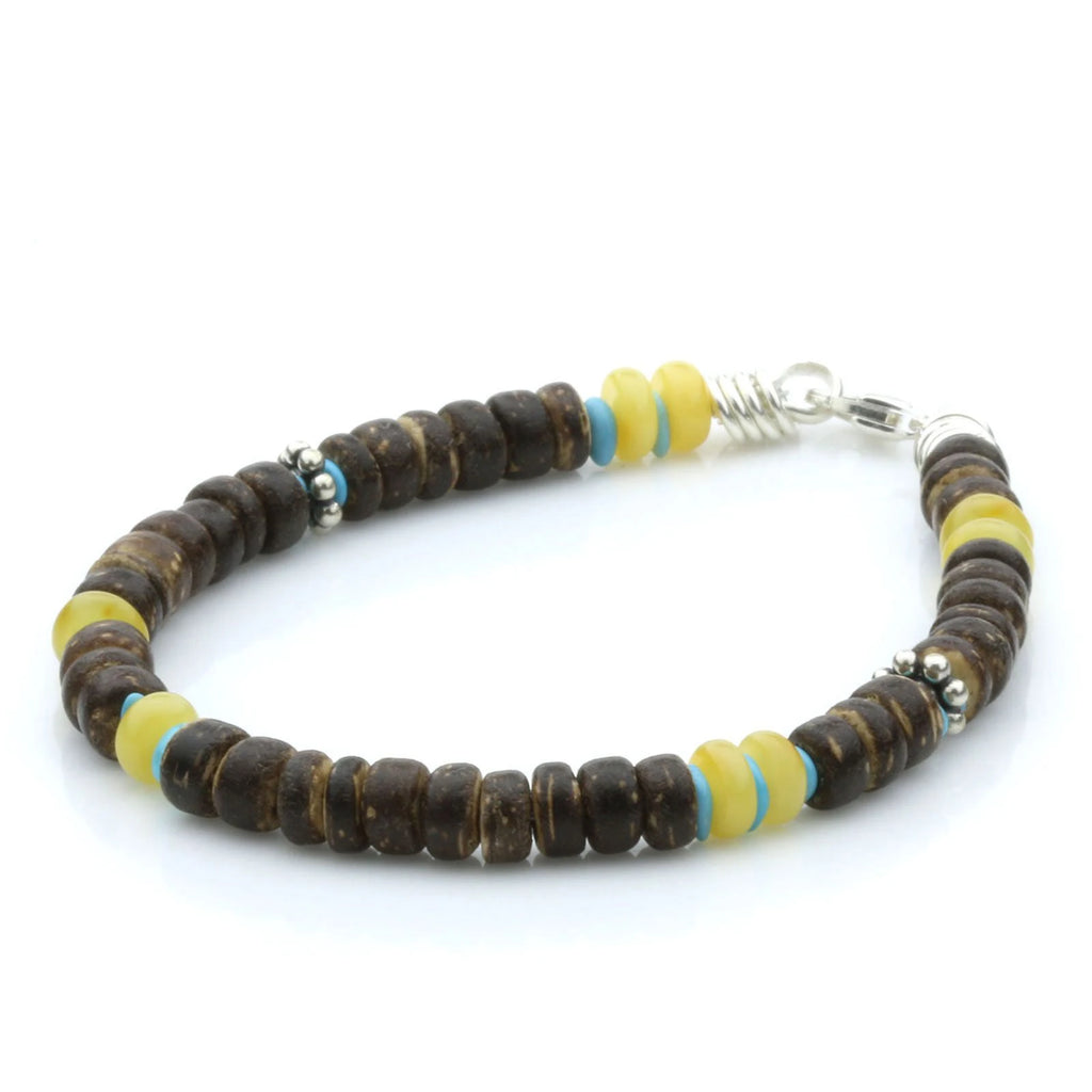NATURAL BALTIC AMBER WOOD TURQUOISE 925 STERLING SILVER BRACELET. SPT20