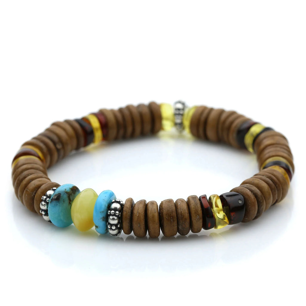 COCONUT WOOD BALTIC AMBER 925 STERLING SILVER BRACELET. SPT28