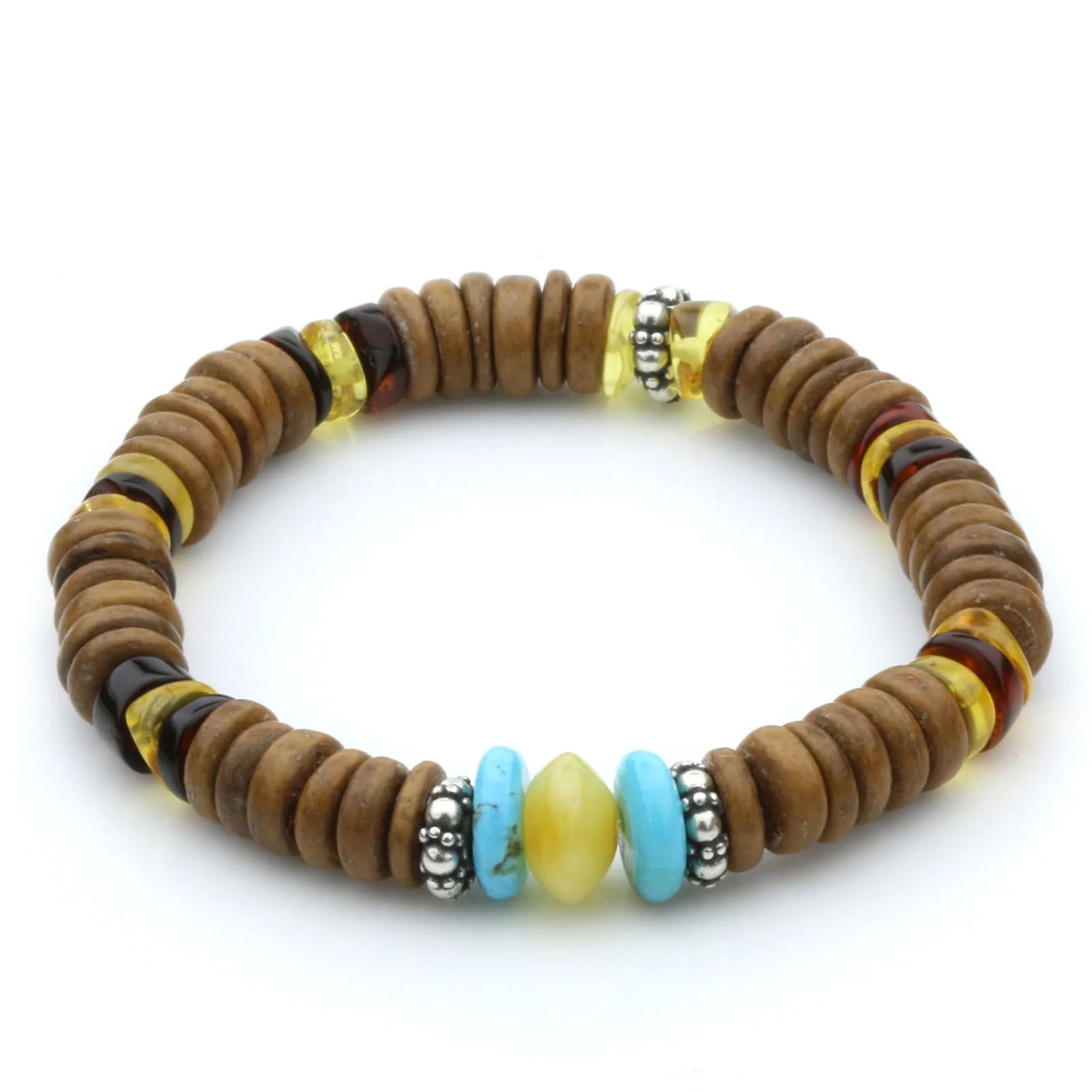 COCONUT WOOD BALTIC AMBER 925 STERLING SILVER BRACELET. SPT28