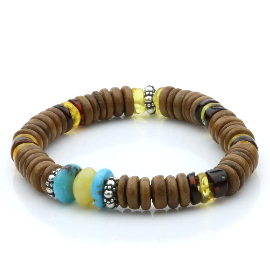 COCONUT WOOD BALTIC AMBER 925 STERLING SILVER BRACELET. SPT28