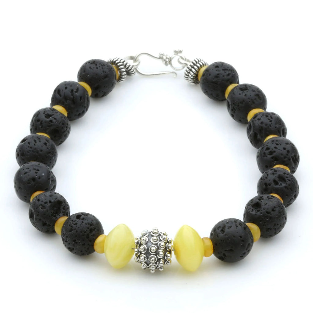 NATURAL BALTIC AMBER LAVA STONE 925 STERLING SILVER BRACELET. SPT30