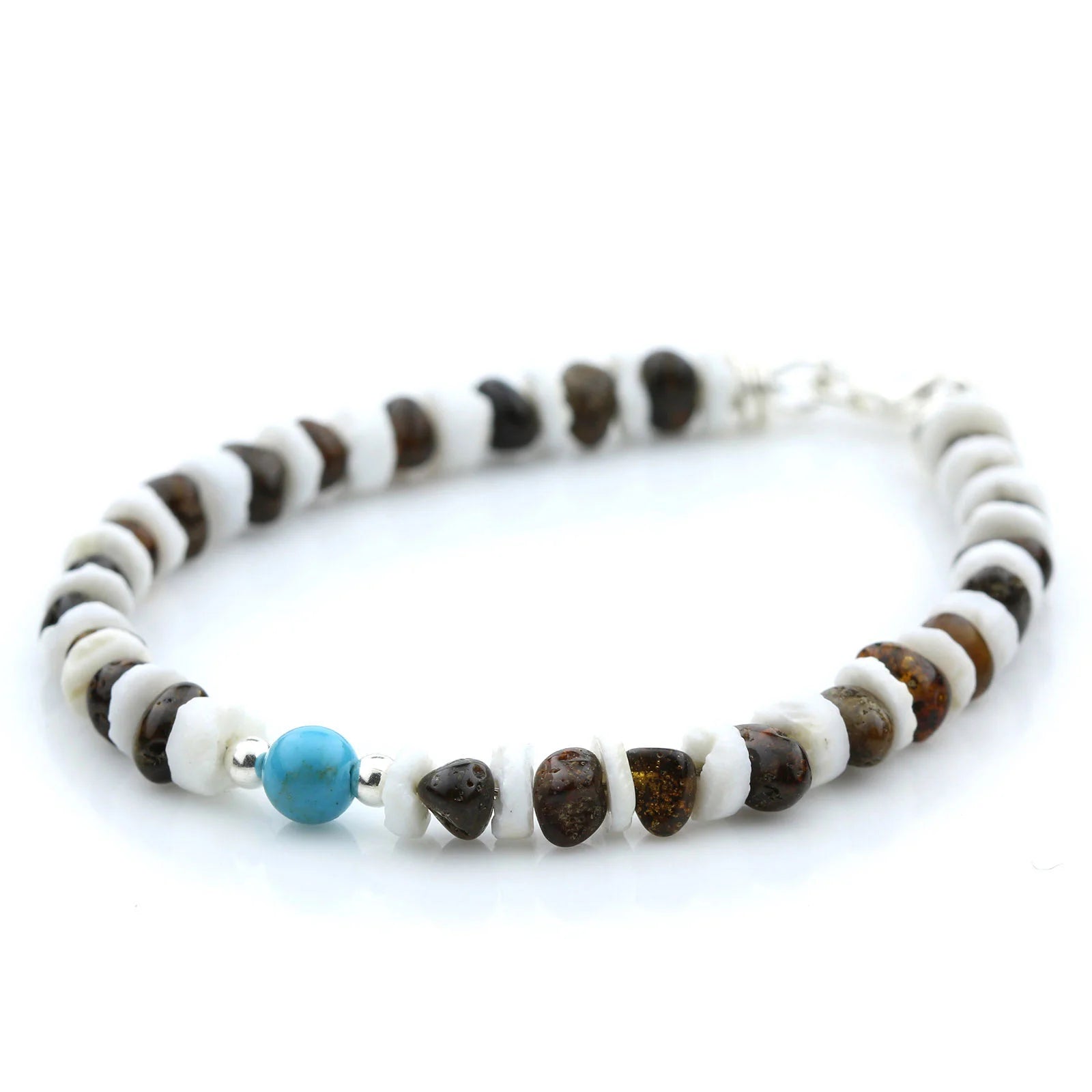 BALTIC AMBER, LITOB SHELL & TURQUOISE 925 STERLING SILVER BRACELET. SPT45