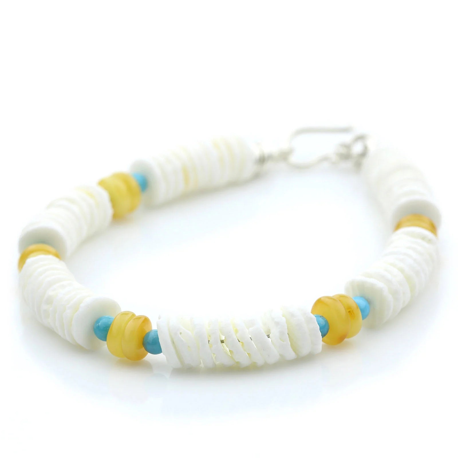 LITOB SHELL, BALTIC AMBER & TURQUOISE 925 STERLING SILVER BRACELET. SPT46