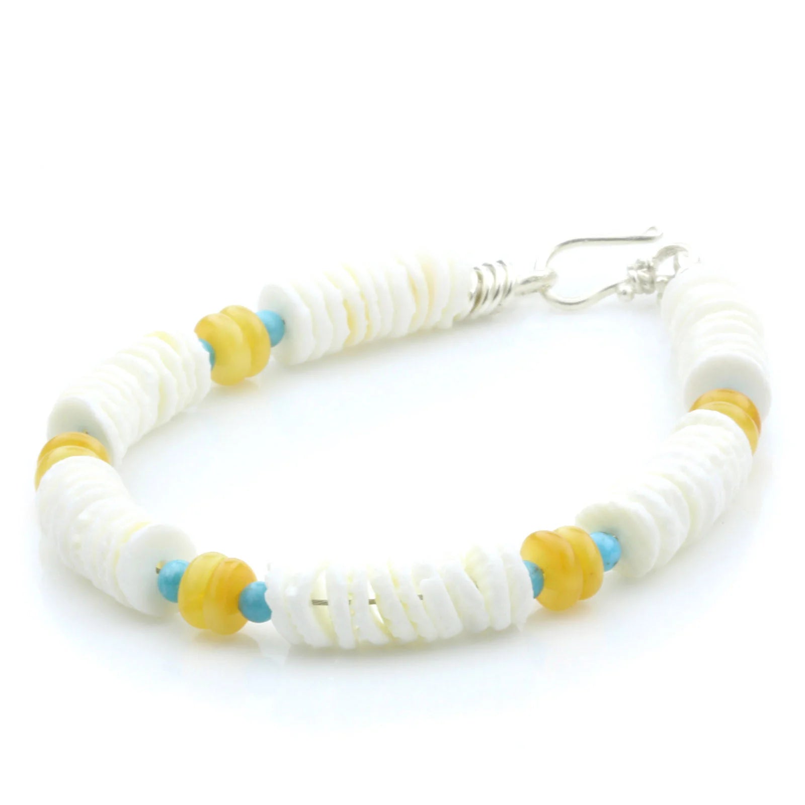 LITOB SHELL, BALTIC AMBER & TURQUOISE 925 STERLING SILVER BRACELET. SPT46