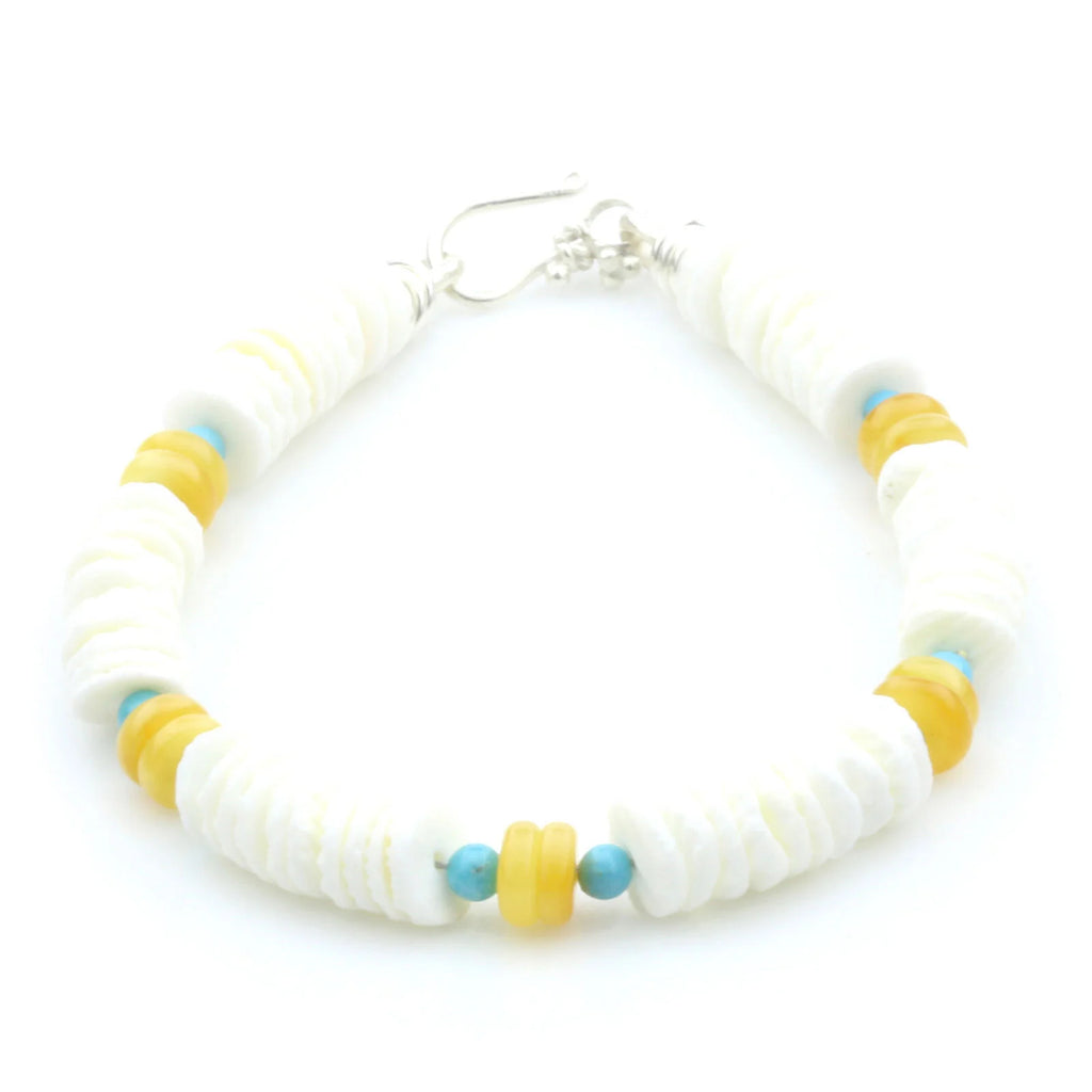 LITOB SHELL, BALTIC AMBER & TURQUOISE 925 STERLING SILVER BRACELET. SPT46