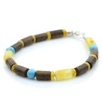 ROBLES WOOD, BALTIC AMBER & TURQUOISE 925 STERLING SILVER BRACELET. SPT47