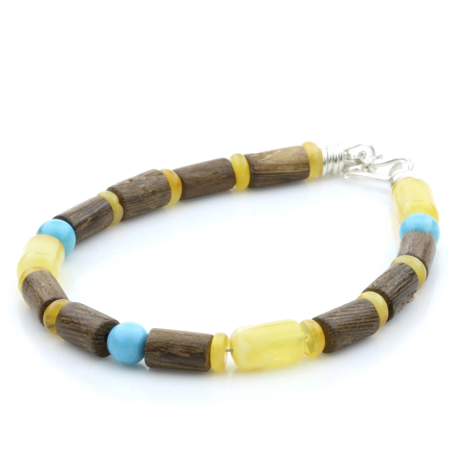 ROBLES WOOD, BALTIC AMBER & TURQUOISE 925 STERLING SILVER BRACELET. SPT47