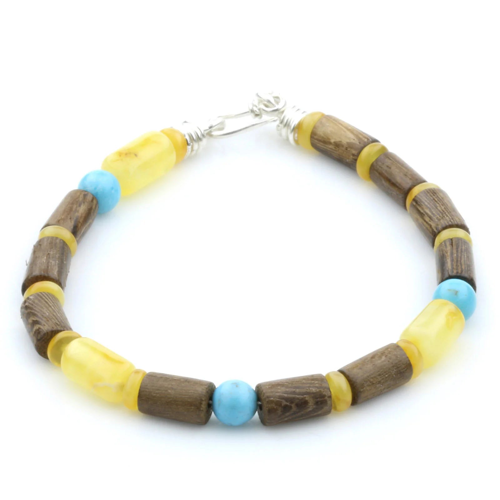 ROBLES WOOD, BALTIC AMBER & TURQUOISE 925 STERLING SILVER BRACELET. SPT47