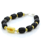 LAVA STONE & BALTIC AMBER 925 STERLING SILVER BRACELET. SPT49