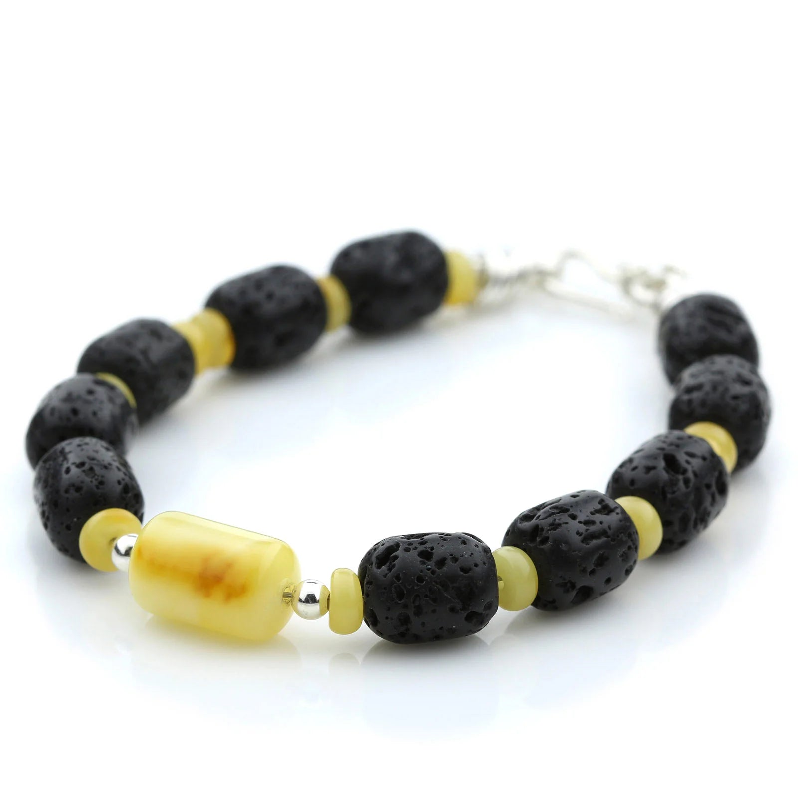 LAVA STONE & BALTIC AMBER 925 STERLING SILVER BRACELET. SPT49