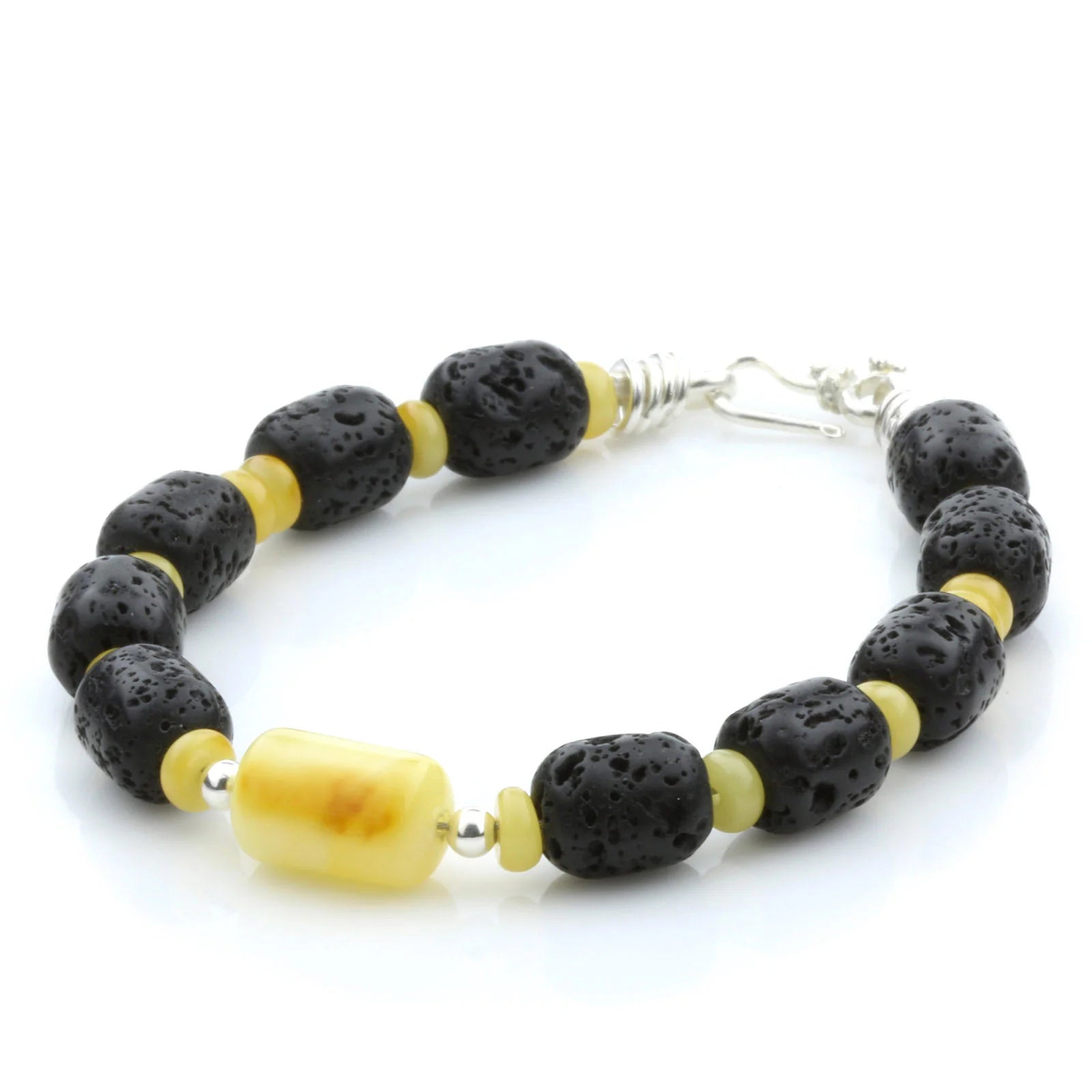 LAVA STONE & BALTIC AMBER 925 STERLING SILVER BRACELET. SPT49