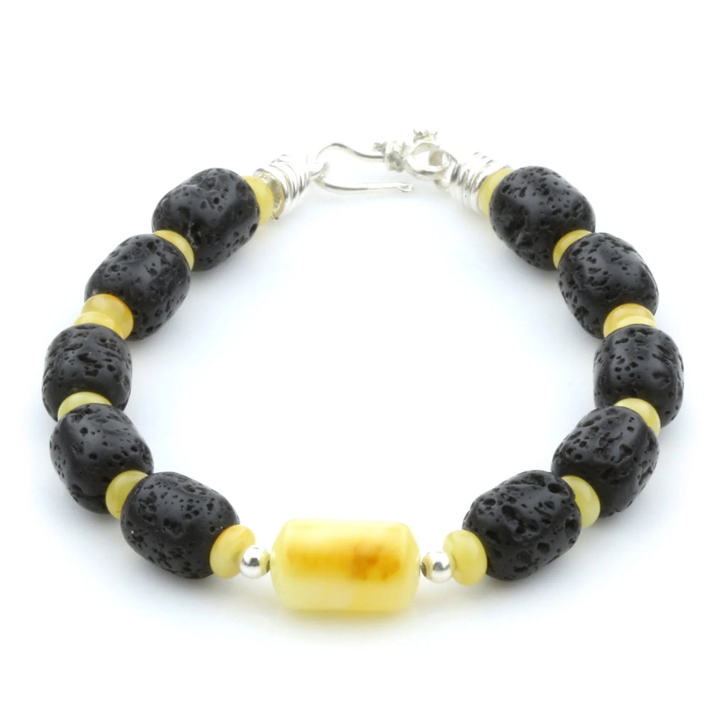 LAVA STONE & BALTIC AMBER 925 STERLING SILVER BRACELET. SPT49