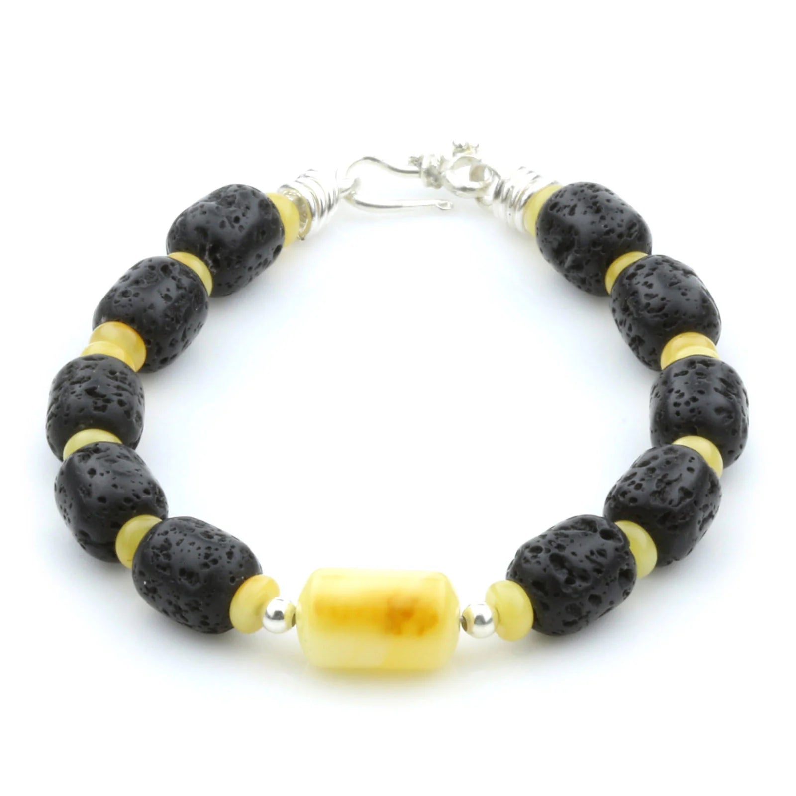 LAVA STONE & BALTIC AMBER 925 STERLING SILVER BRACELET. SPT49