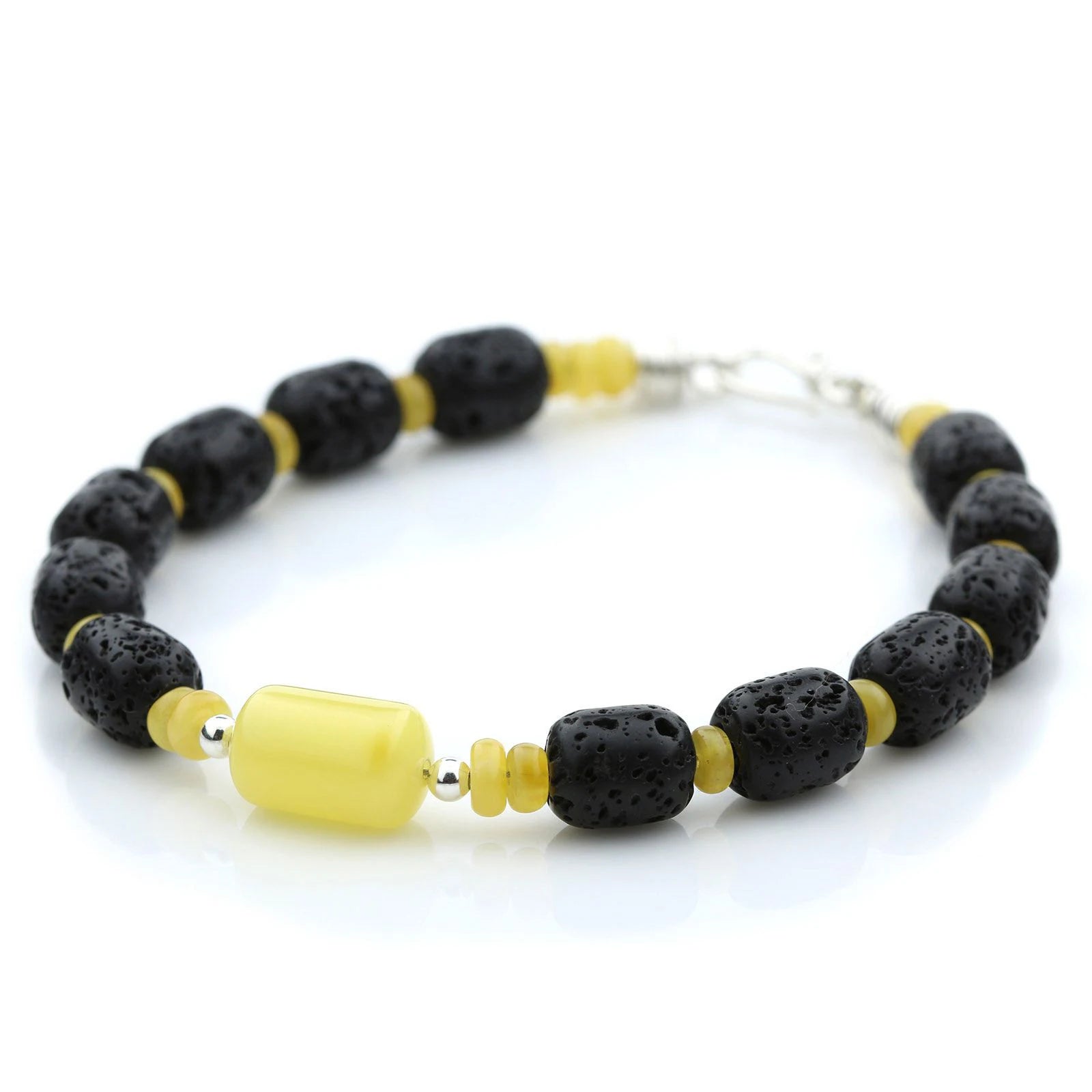 NATURAL BALTIC AMBER LAVA STONE 925 STERLING SILVER BRACELET. SPT57