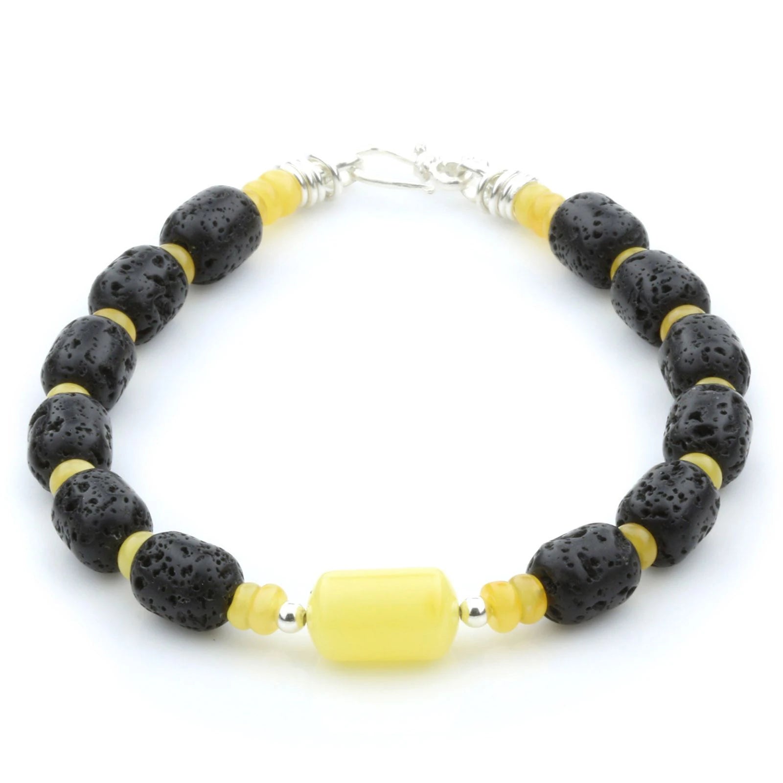 NATURAL BALTIC AMBER LAVA STONE 925 STERLING SILVER BRACELET. SPT57