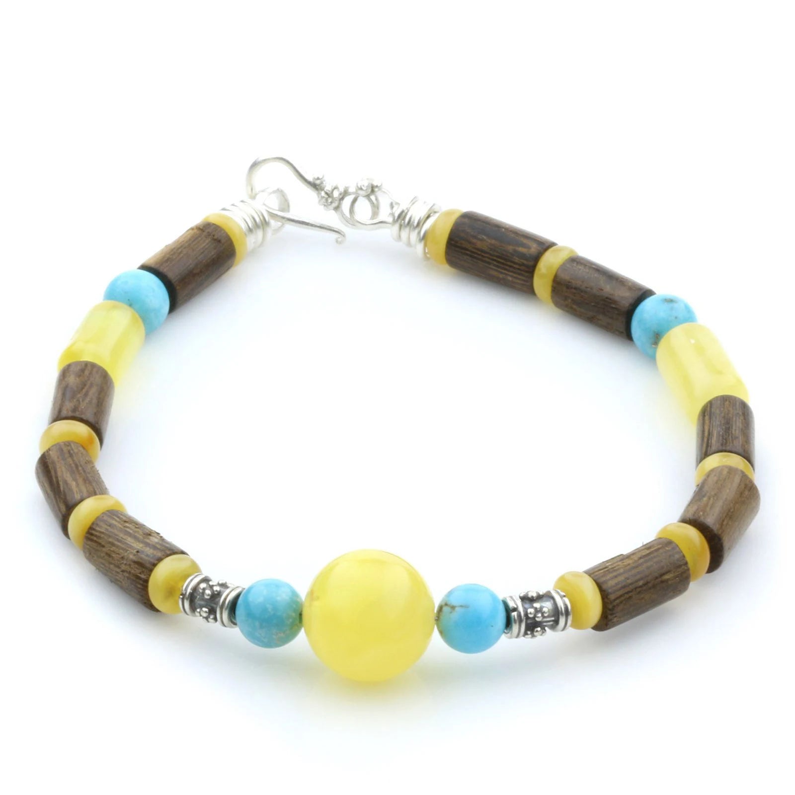 NATURAL BALTIC AMBER WOOD TURQUOISE 925 STERLING SILVER BRACELET. SPT62