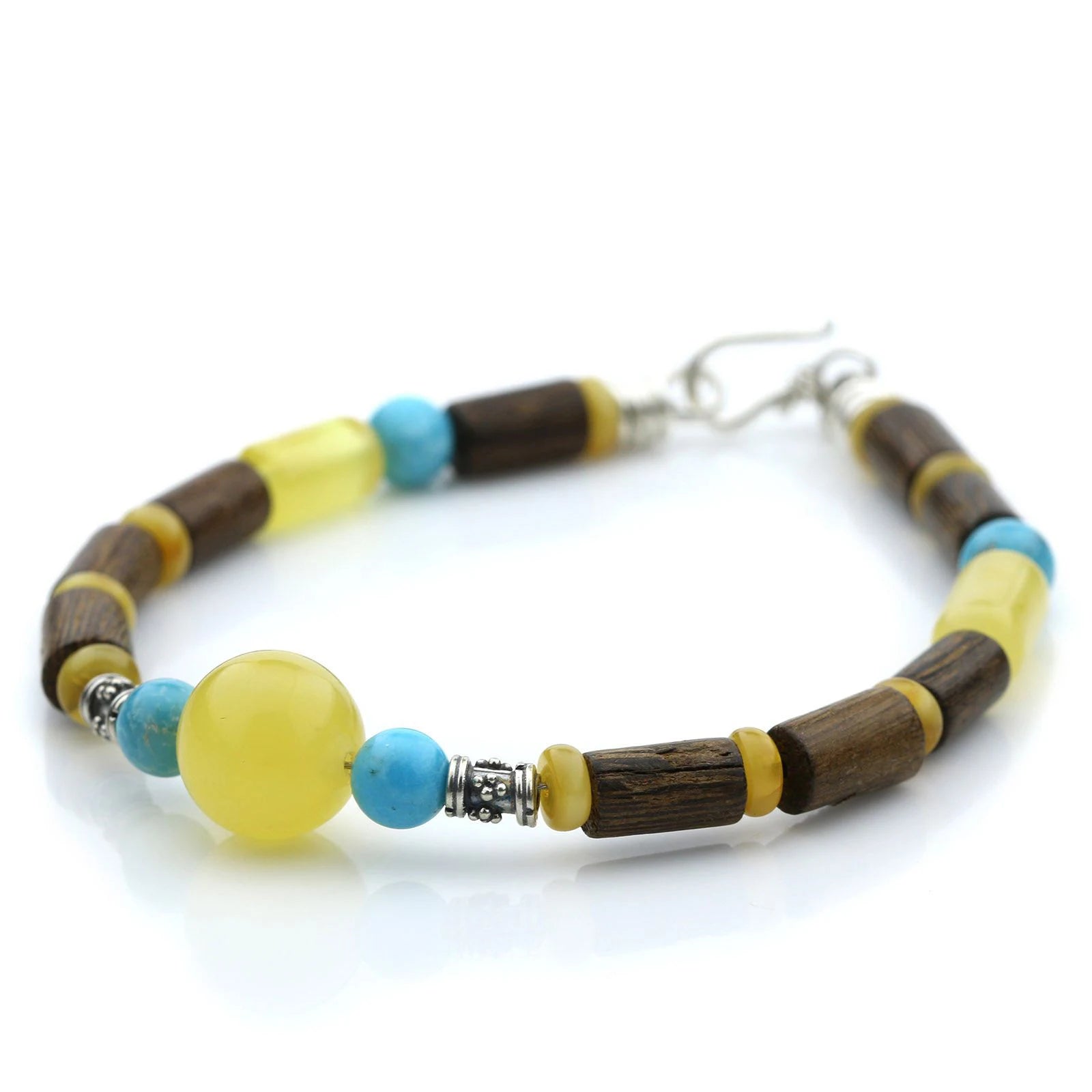 NATURAL BALTIC AMBER WOOD TURQUOISE 925 STERLING SILVER BRACELET. SPT62