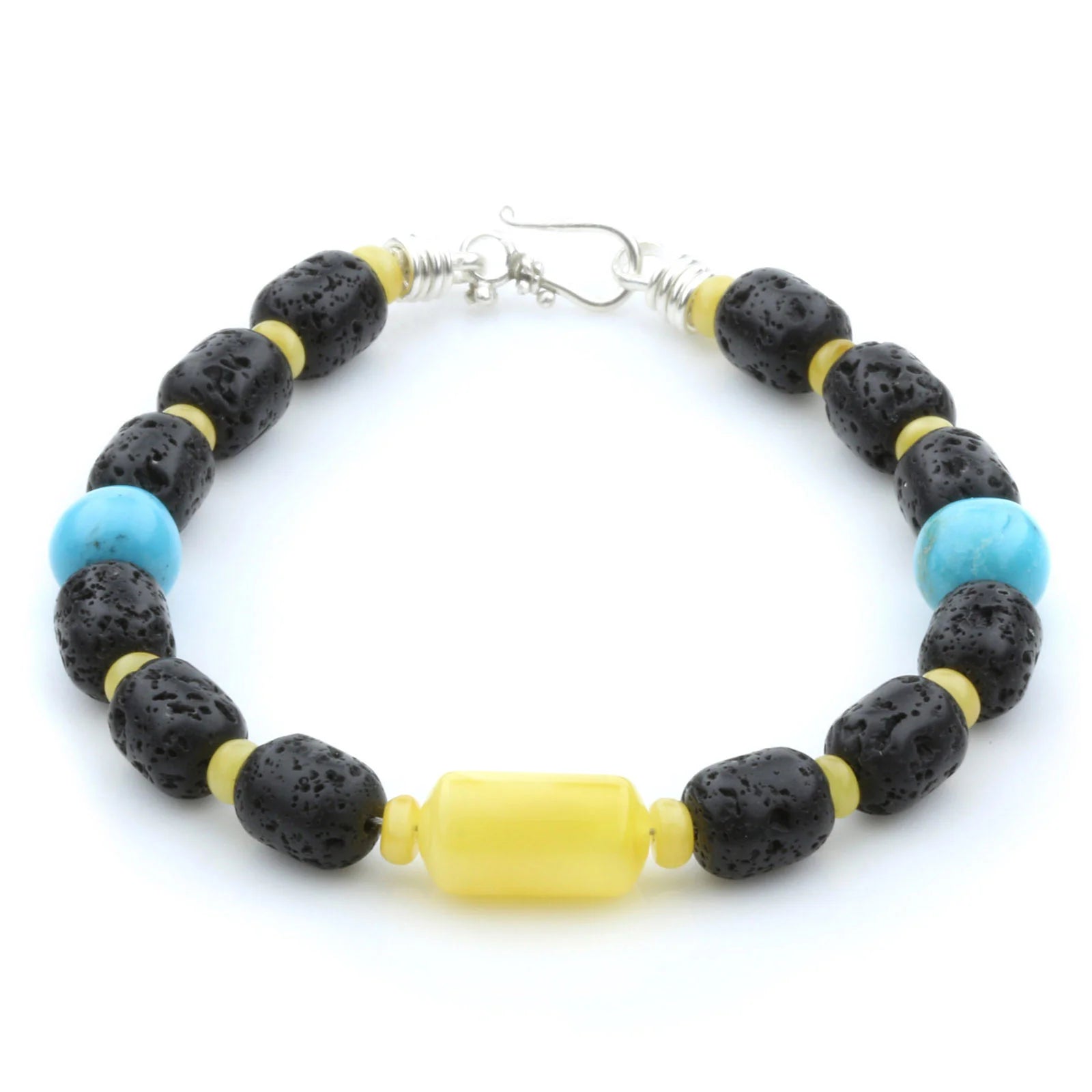 LAVA STONE, BALTIC AMBER & TURQUOISE 925 STERLING SILVER BRACELET. SPT63