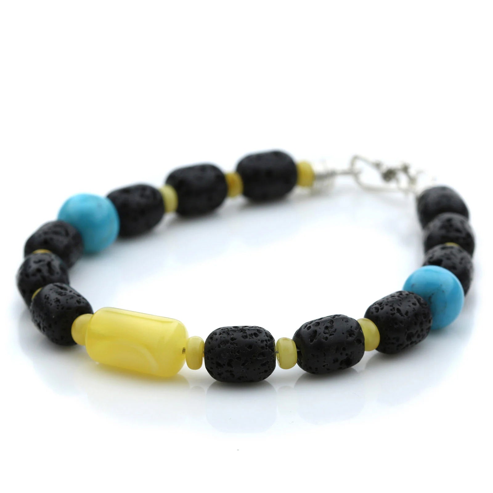 LAVA STONE, BALTIC AMBER & TURQUOISE 925 STERLING SILVER BRACELET. SPT63