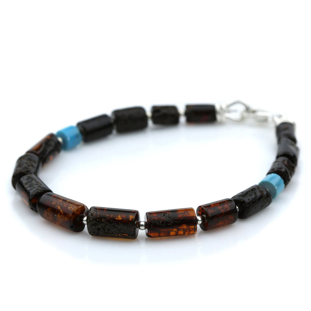 NATURAL BALTIC AMBER TURQUOISE 925 STERLING SILVER BRACELET. SPT71