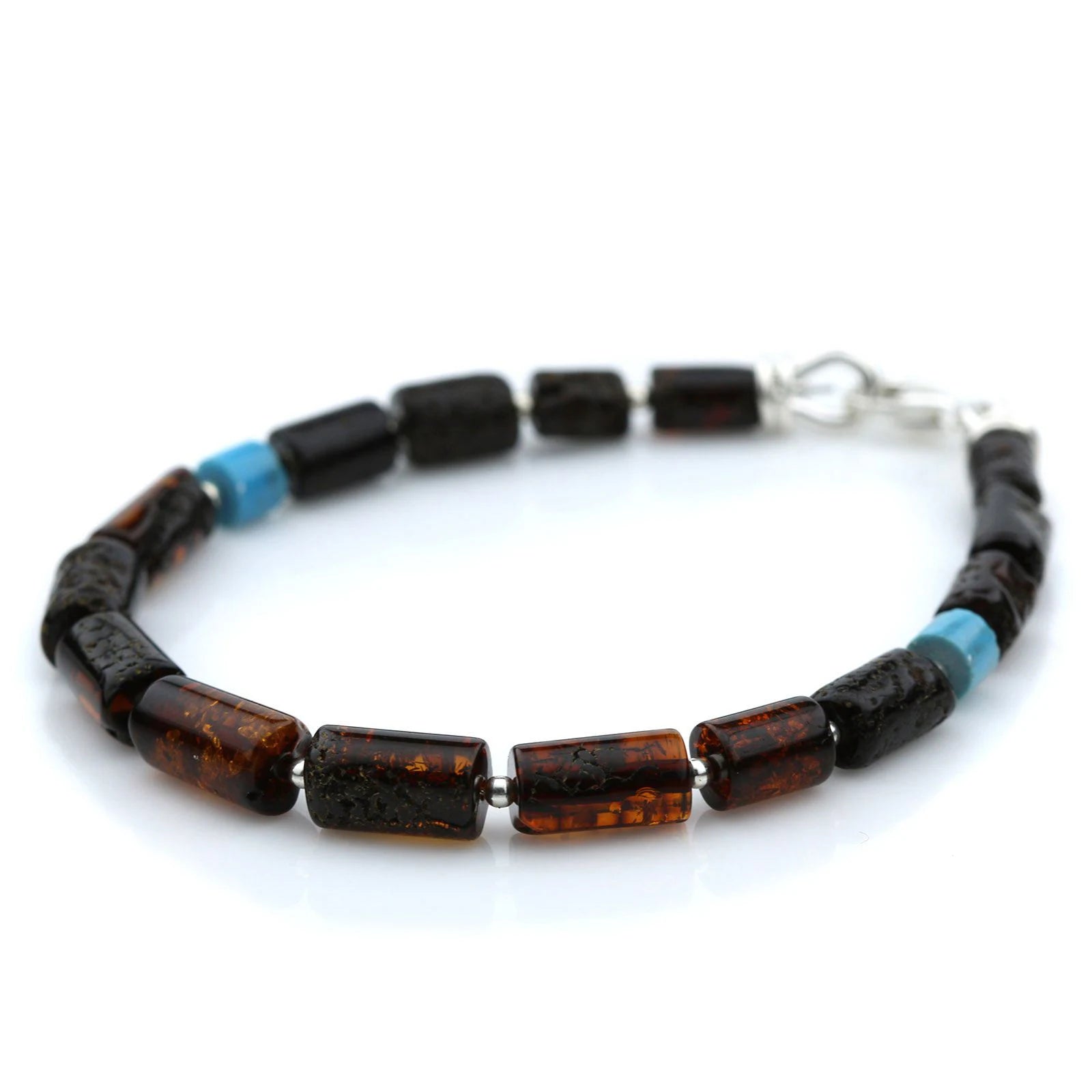 NATURAL BALTIC AMBER TURQUOISE 925 STERLING SILVER BRACELET. SPT71