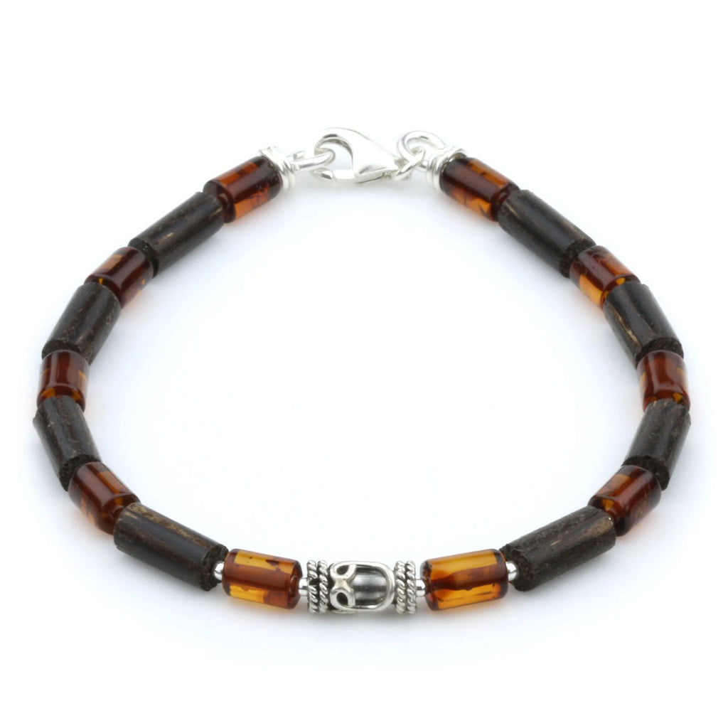 NATURAL BALTIC AMBER WOOD 925 STERLING SILVER BRACELET. SPT78