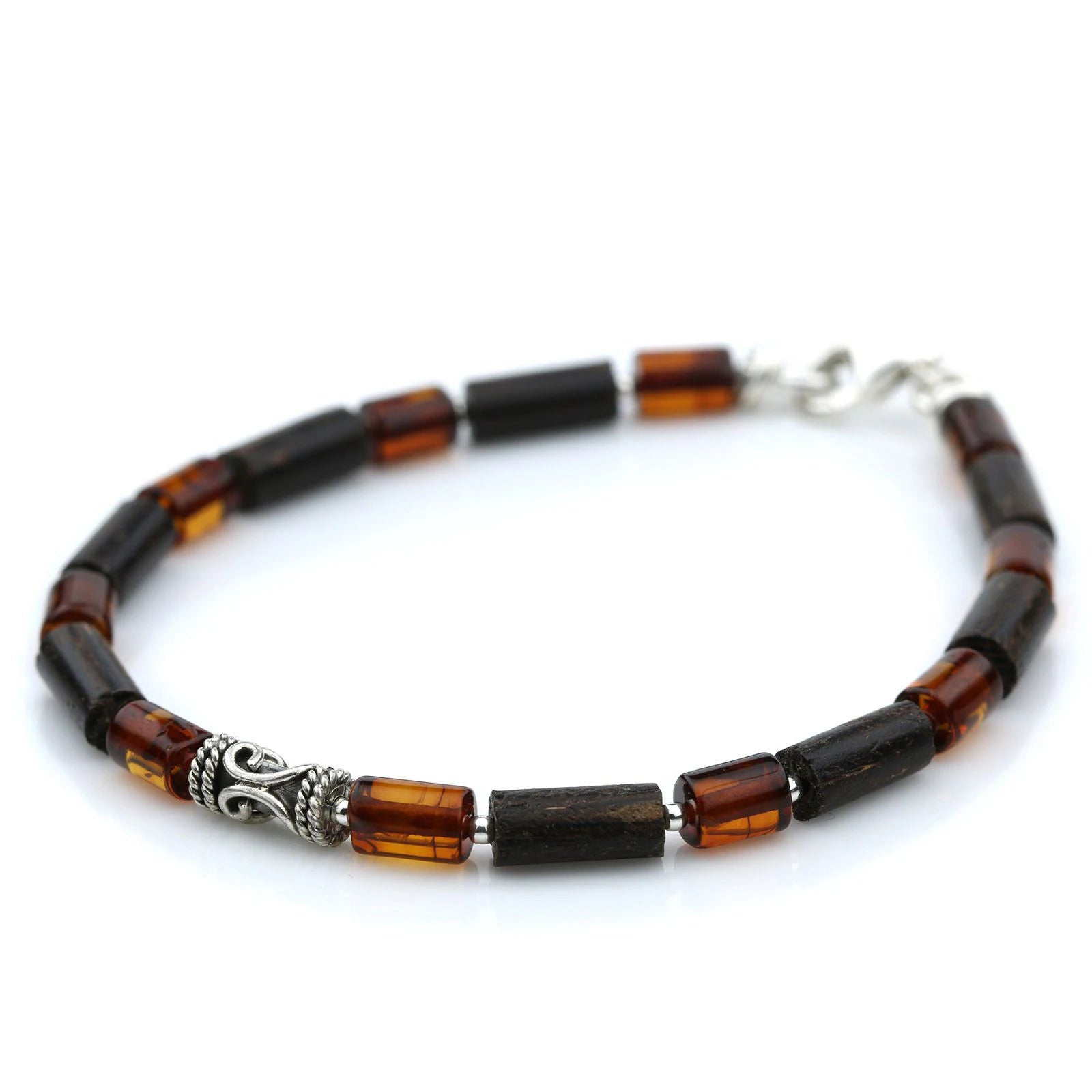 NATURAL BALTIC AMBER WOOD 925 STERLING SILVER BRACELET. SPT78
