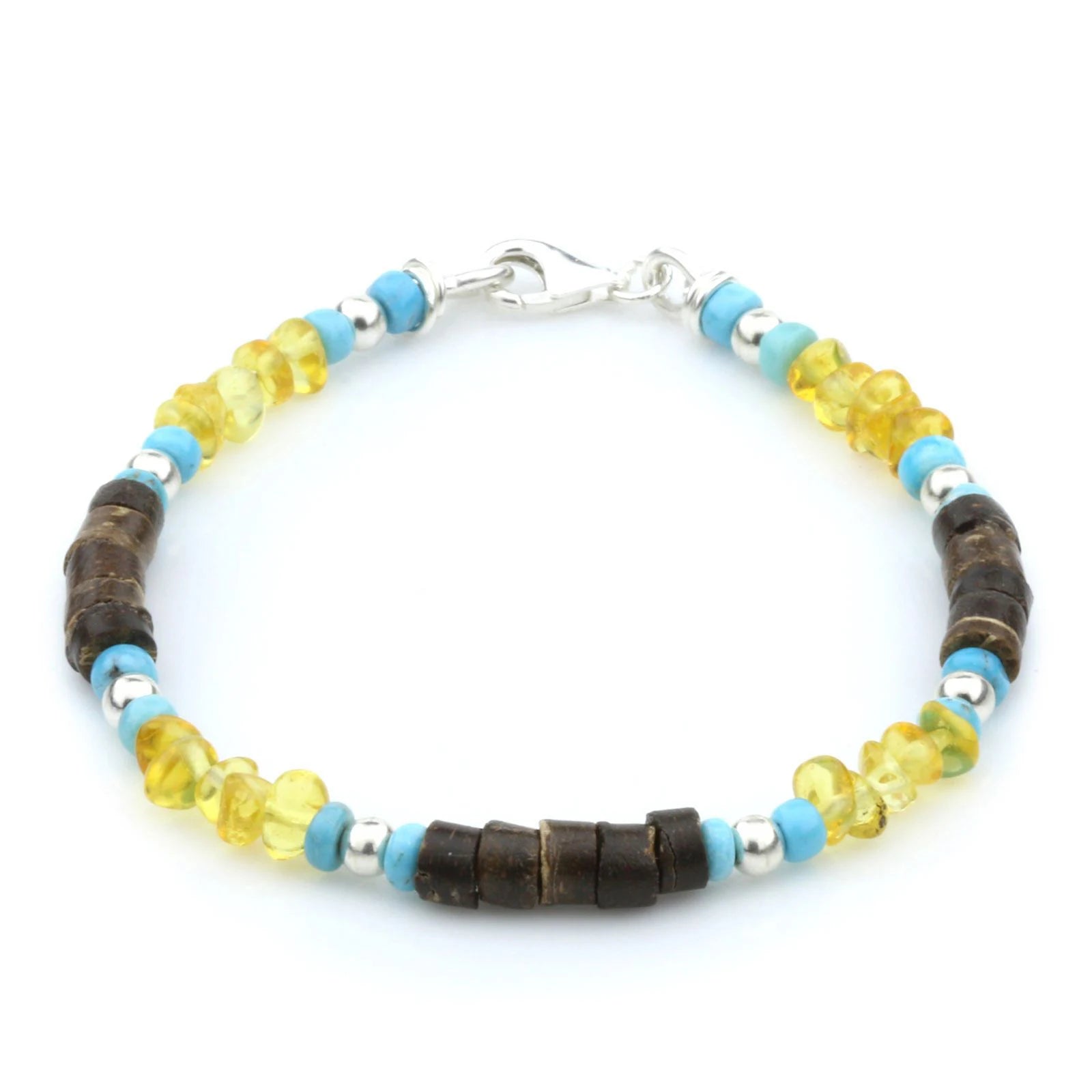 NATURAL BALTIC AMBER WOOD TURQUOISE 925 STERLING SILVER BRACELET. SPT79