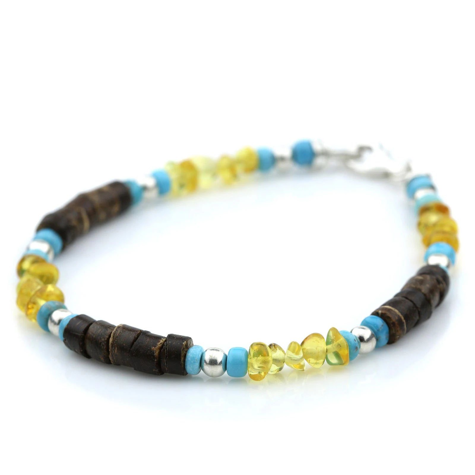 NATURAL BALTIC AMBER WOOD TURQUOISE 925 STERLING SILVER BRACELET. SPT79