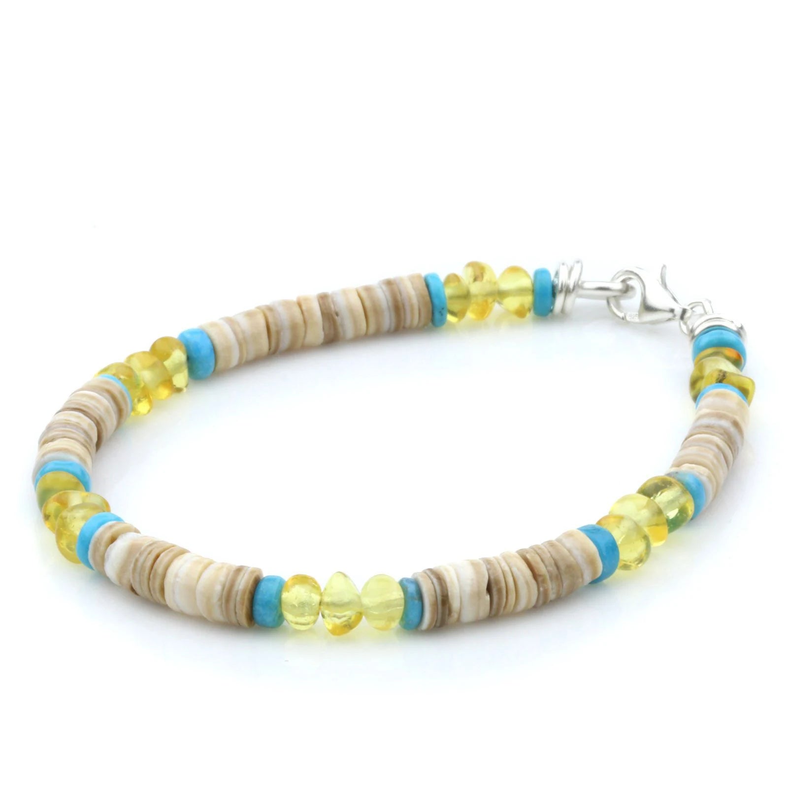 NATURAL BALTIC AMBER SHELL TURQUOISE 925 STERLING SILVER BRACELET. SPT80