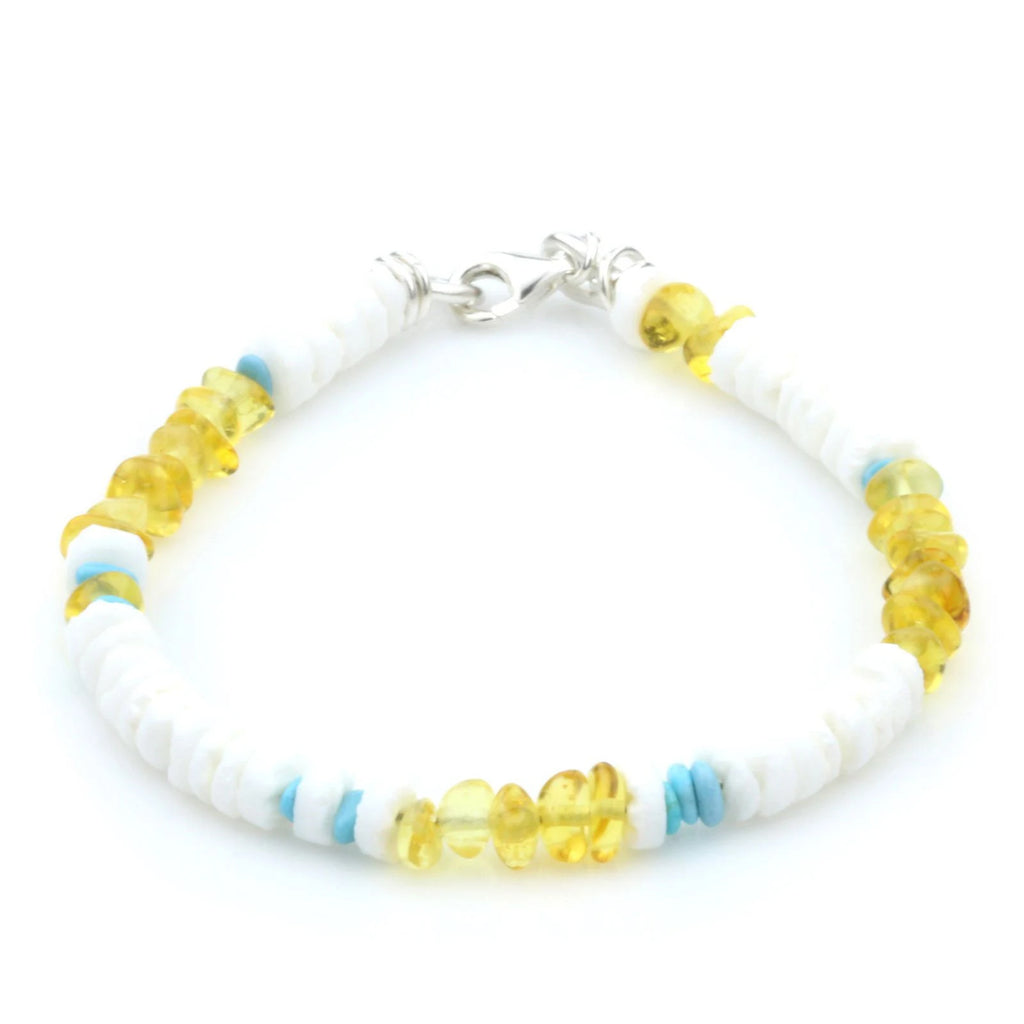 NATURAL BALTIC AMBER SHELL TURQUOISE 925 STERLING SILVER BRACELET. SPT81