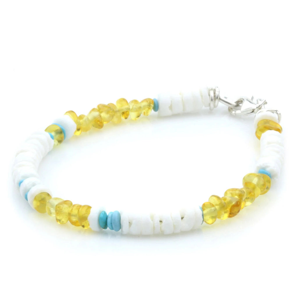 NATURAL BALTIC AMBER SHELL TURQUOISE 925 STERLING SILVER BRACELET. SPT81