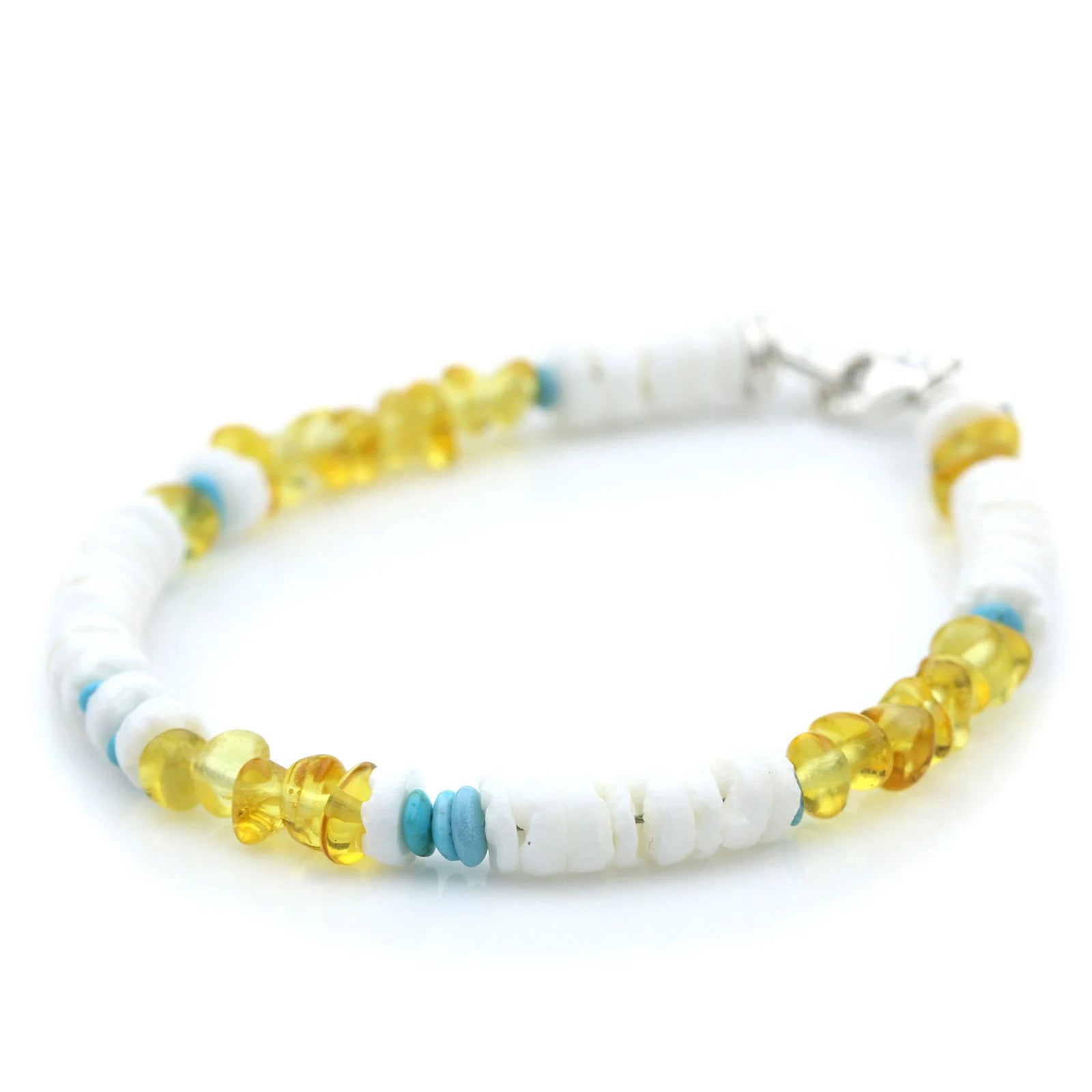 NATURAL BALTIC AMBER SHELL TURQUOISE 925 STERLING SILVER BRACELET. SPT81