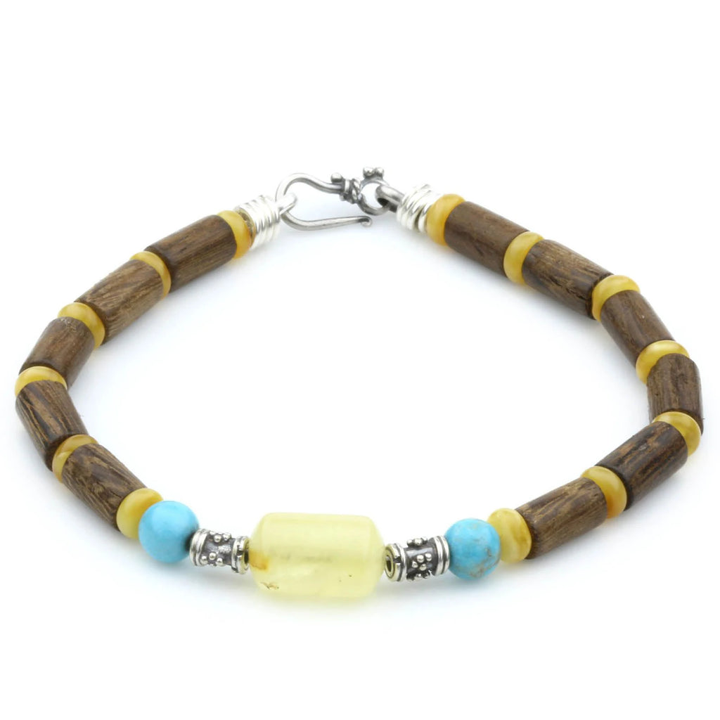 NATURAL BALTIC AMBER WOOD TURQUOISE 925 STERLING SILVER BRACELET. SPT92