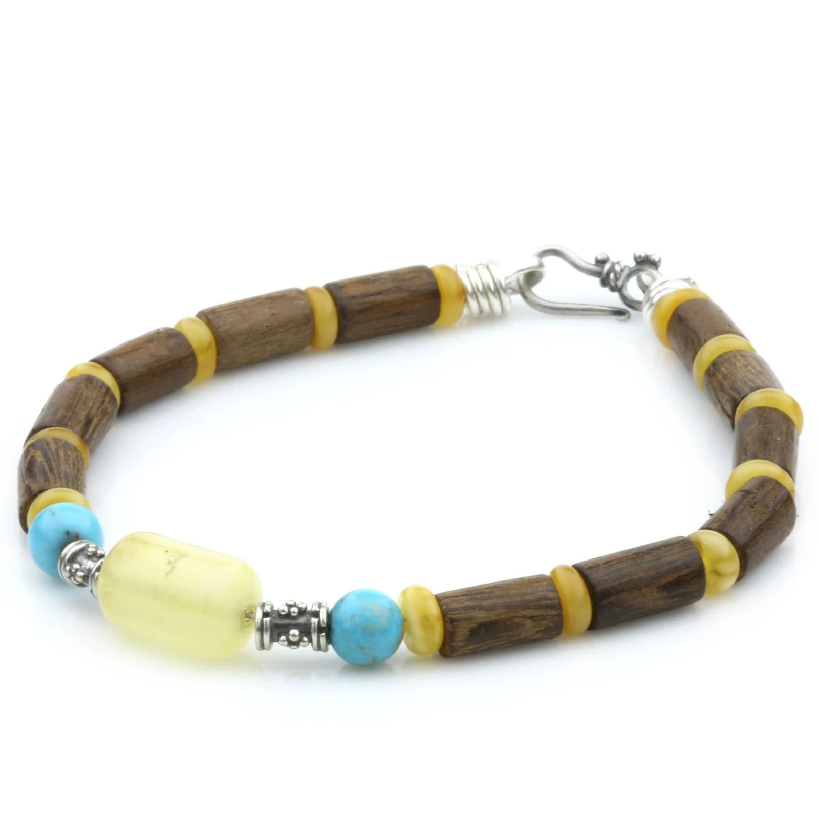 NATURAL BALTIC AMBER WOOD TURQUOISE 925 STERLING SILVER BRACELET. SPT92