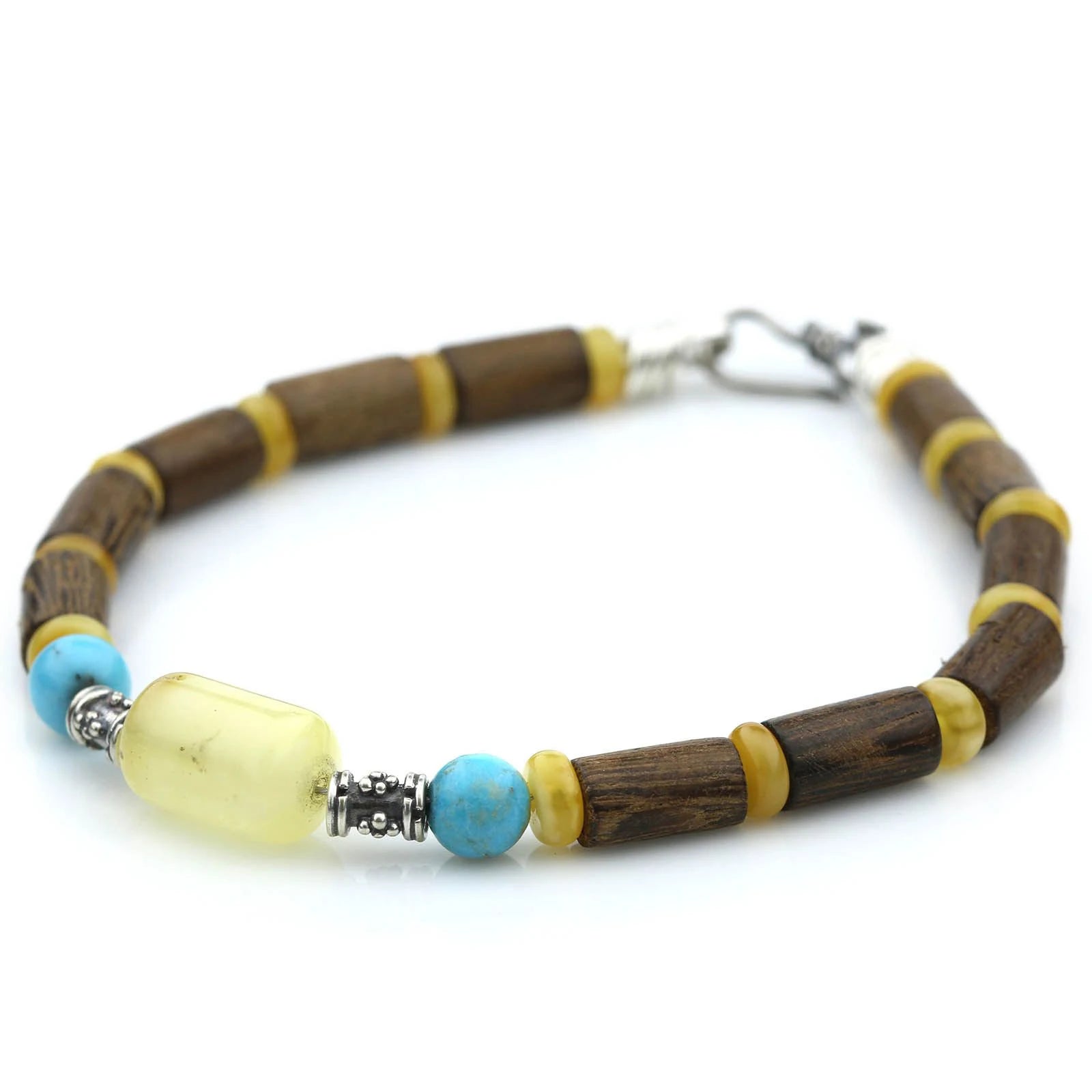 NATURAL BALTIC AMBER WOOD TURQUOISE 925 STERLING SILVER BRACELET. SPT92