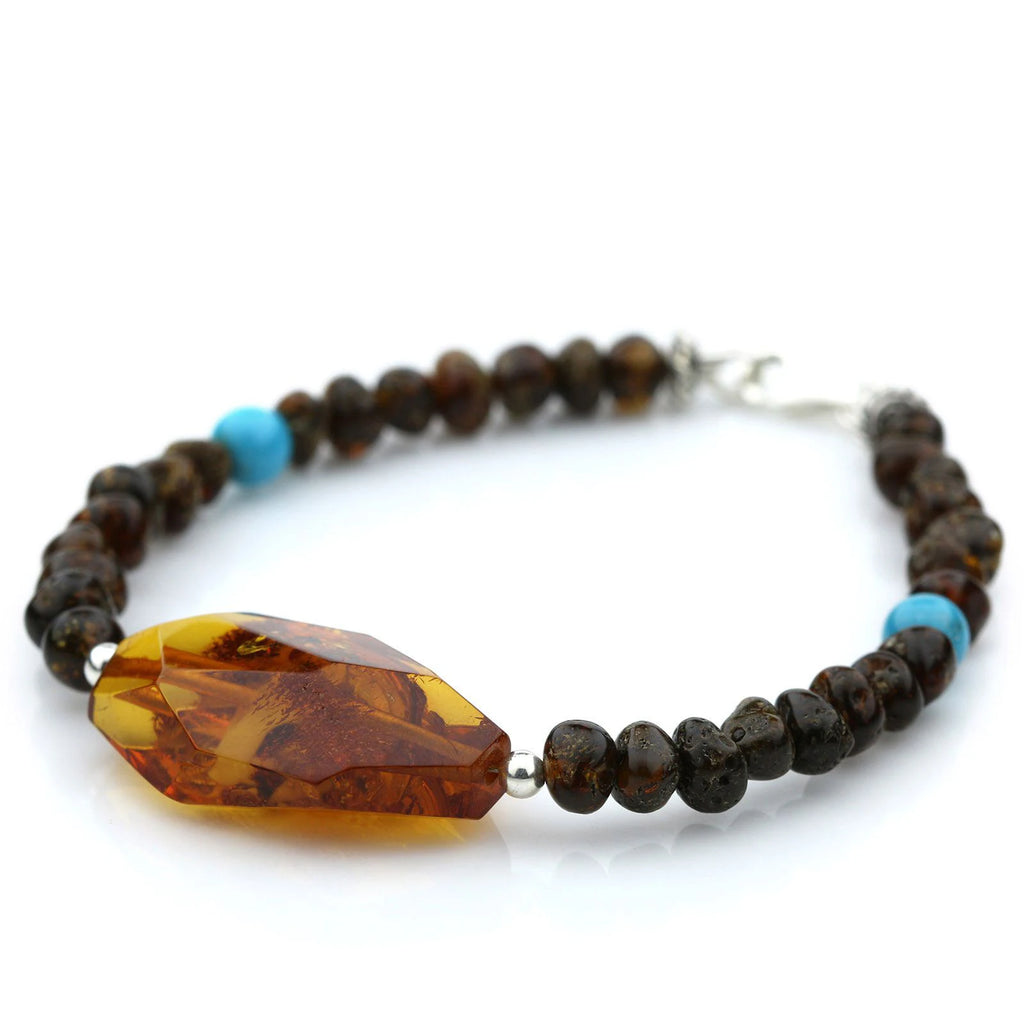 Adult Baltic Amber Shell Turquoise 925 Sterling Silver Bracelet. OCT06