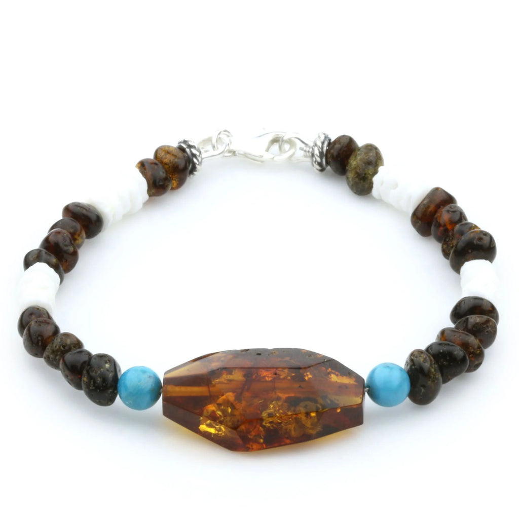 Adult Baltic Amber Shell Turquoise 925 Sterling Silver Bracelet. OCT10