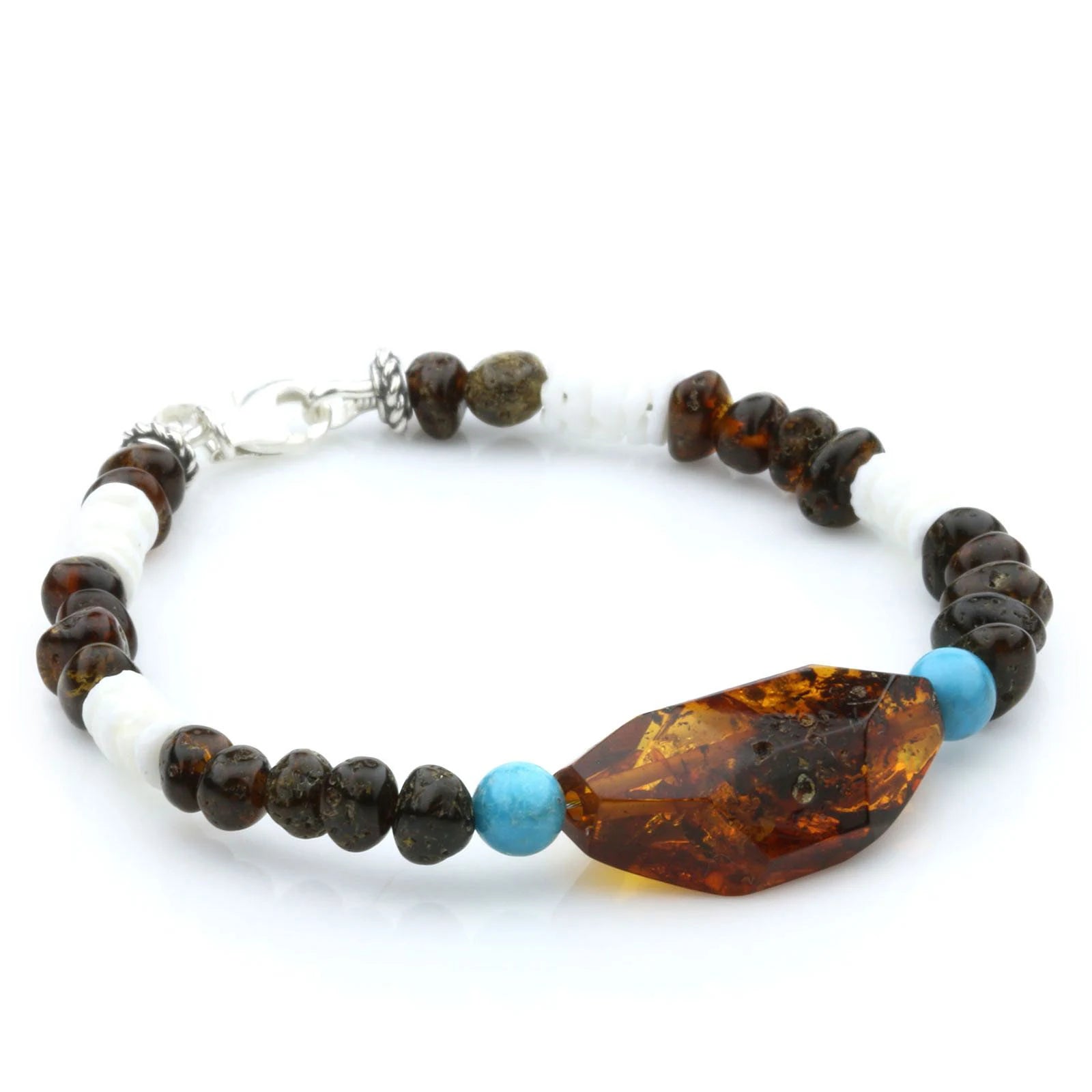 Adult Baltic Amber Shell Turquoise 925 Sterling Silver Bracelet. OCT10