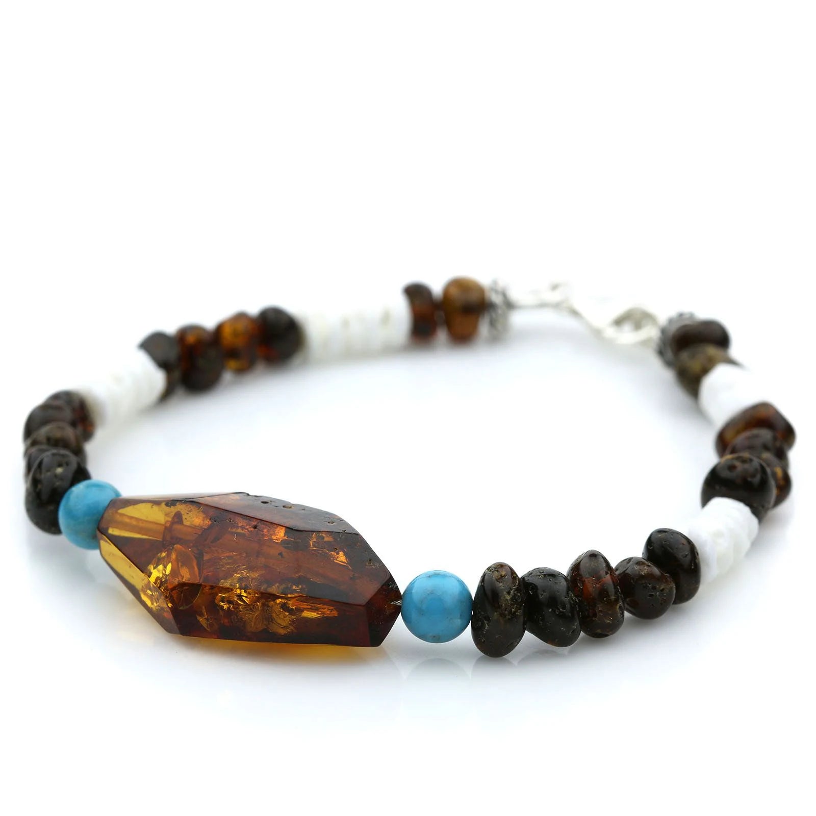 Adult Baltic Amber Shell Turquoise 925 Sterling Silver Bracelet. OCT10