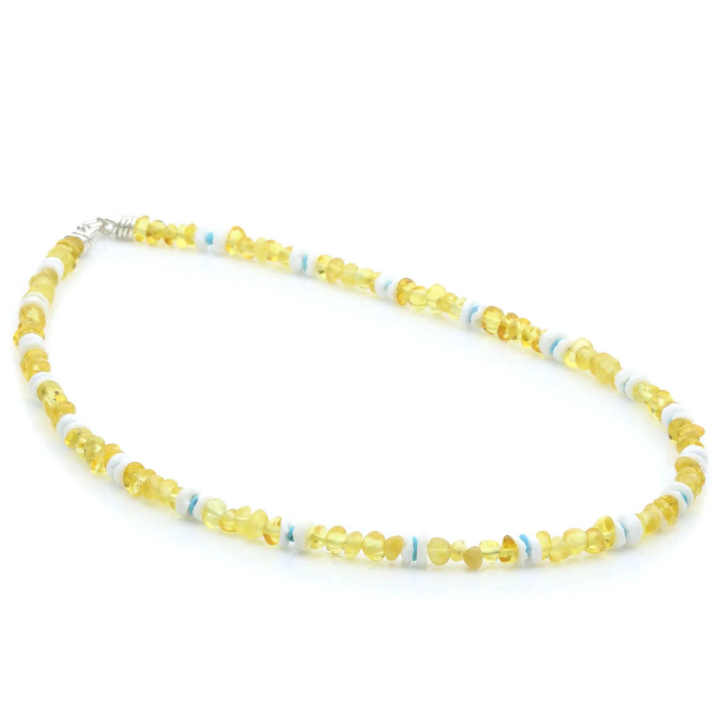 ADULT BALTIC AMBER SHELL TURQUOISE 925 STERLING SILVER NECKLACE. SPT26