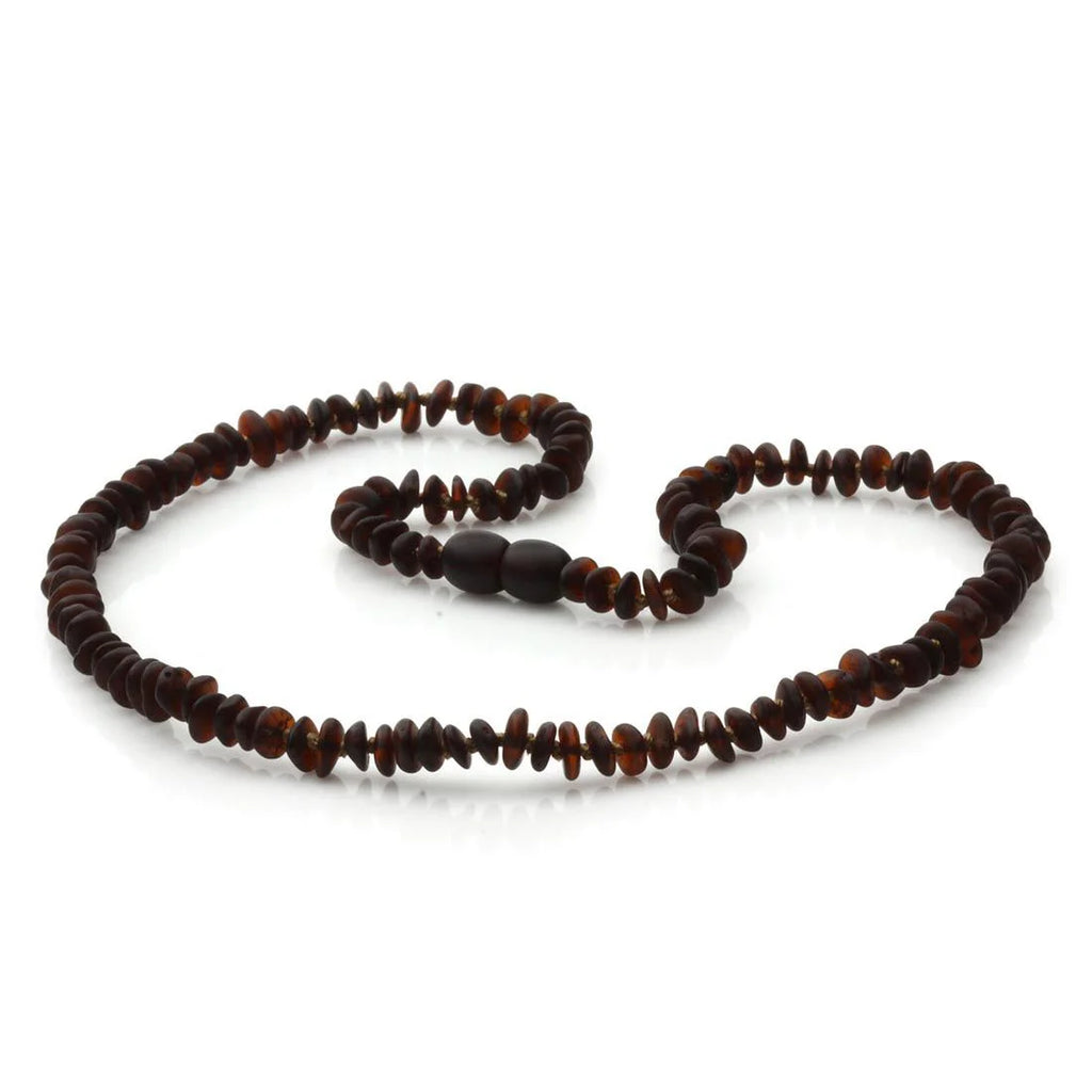 Adult Semi Polished Baltic Amber Necklace. Round Flat Dark Cognac Matte 5x2 mm